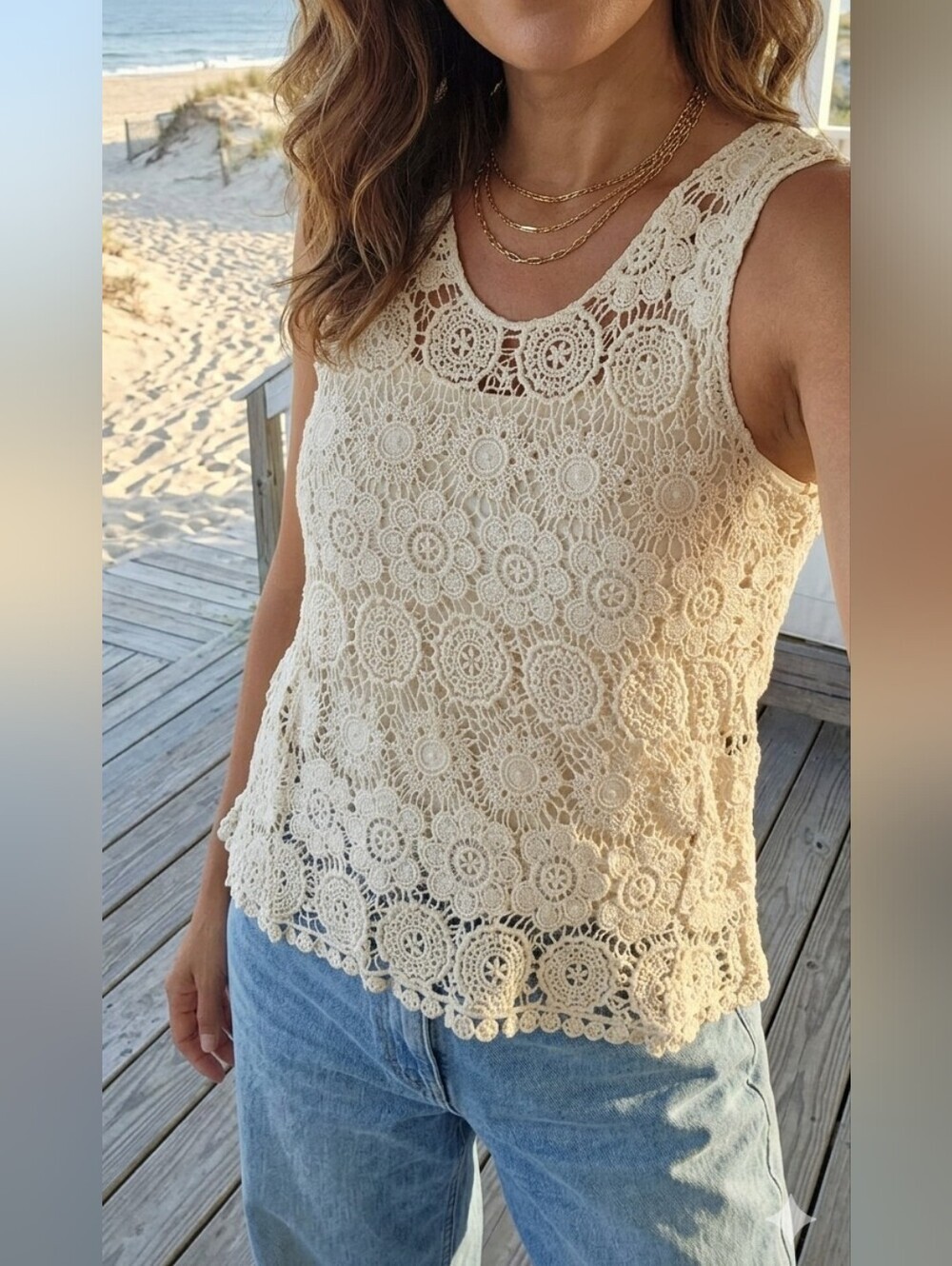 Solitaire by Ravi Khosla Cream Crochet Lace Tank Top -LG